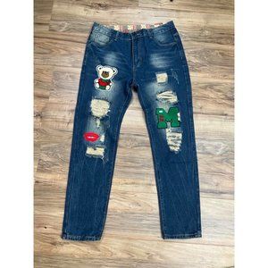 New Men's Casual Cartoon Bear Embroided Ripped Jeans  Size: 34